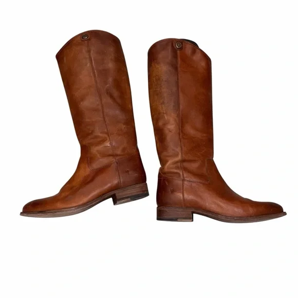 Frye Cognac Leather Melissa Button 2 Distressed Tall Riding Boots size 10 - Picture 6 of 10